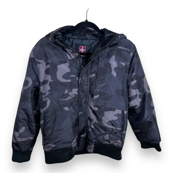 XL BOYS SWISS TECH CAMO PRINT COAT GREEN GREY LONG SLEEVE  HOODED - Picture 1 of 11
